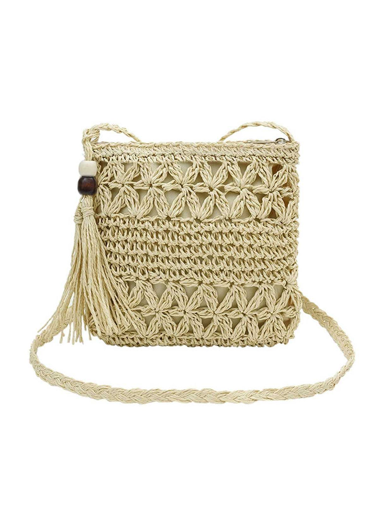 Vintage Stroh Holz Perlen Umhängetasche Tasche