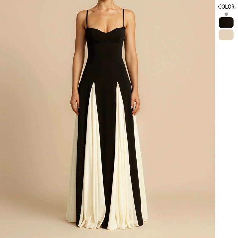 Schwarz & Weiß 1930er Solide Patchwork Maxi Kleid