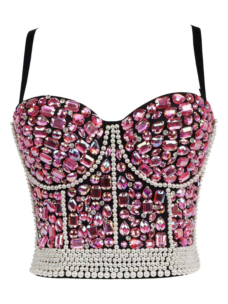 1970er Strassstein Perle Spaghetti Träger Korsett Top