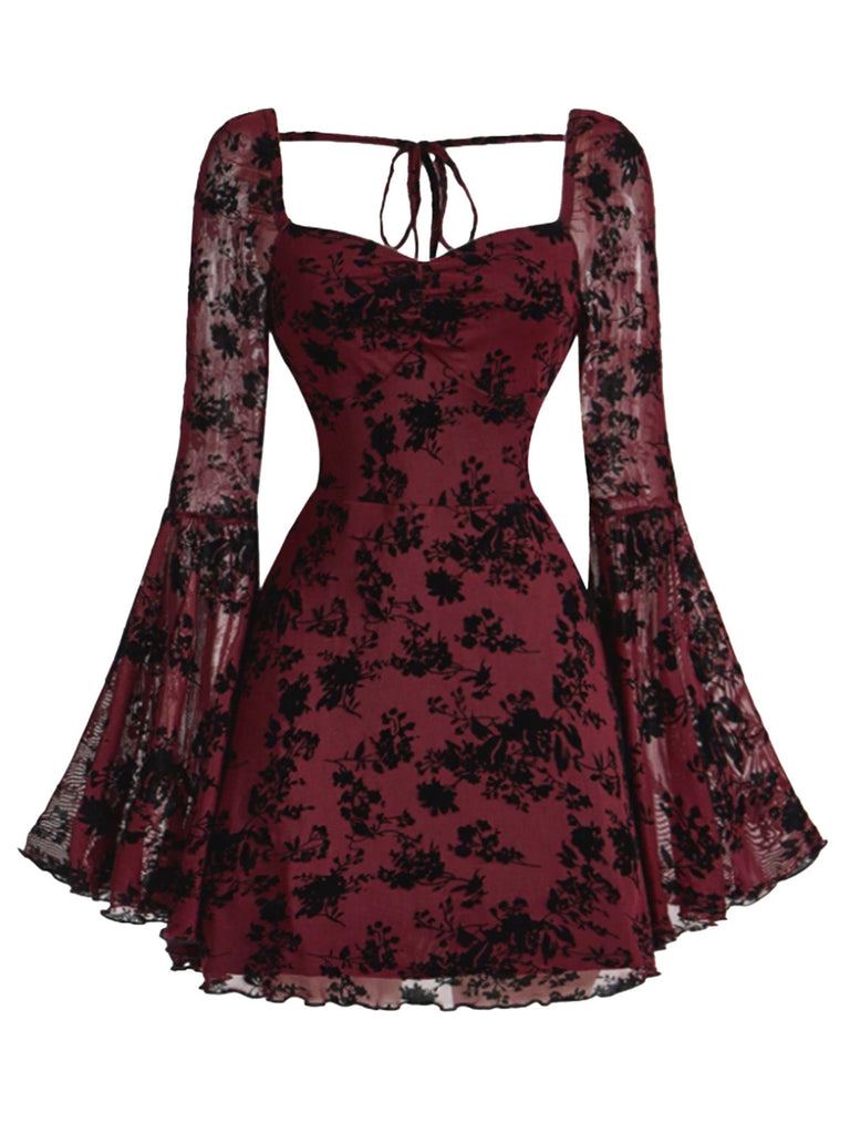 Schwarz 1950er Spitze Blumen Bischofsärmel Kleid