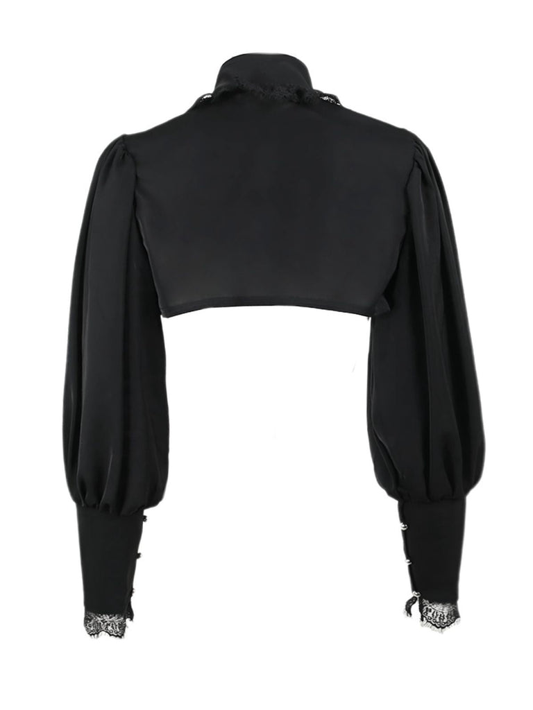 Schwarz 1980er Gothic Spitze Stehkragen Top