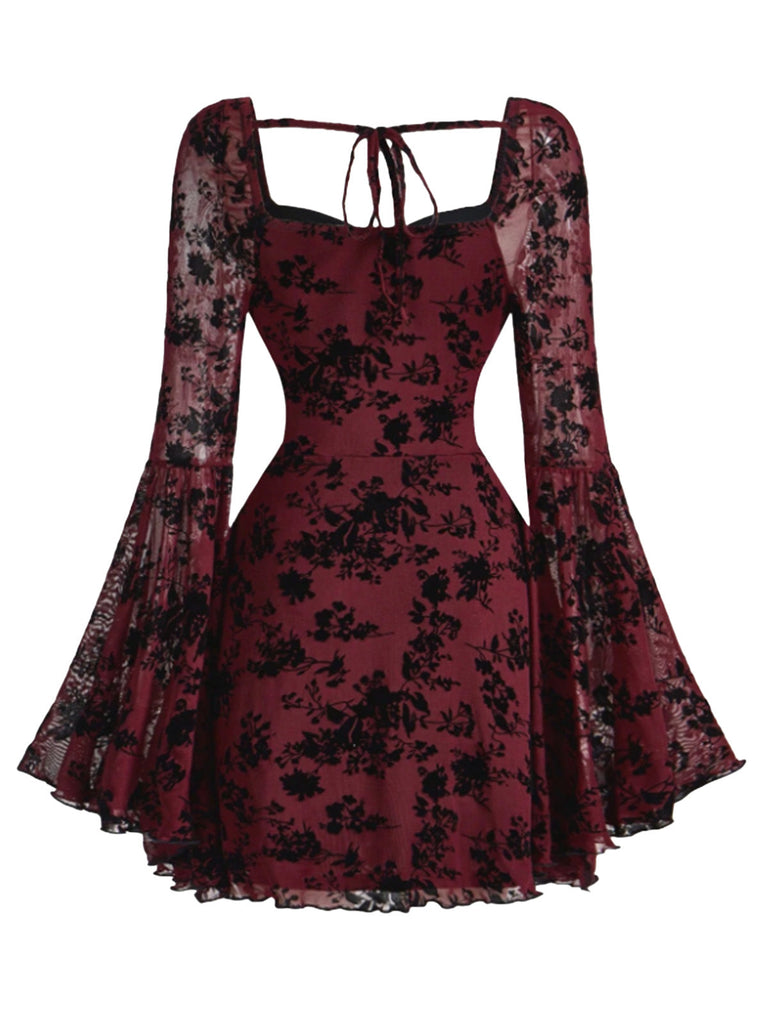 Schwarz 1950er Spitze Blumen Bischofsärmel Kleid