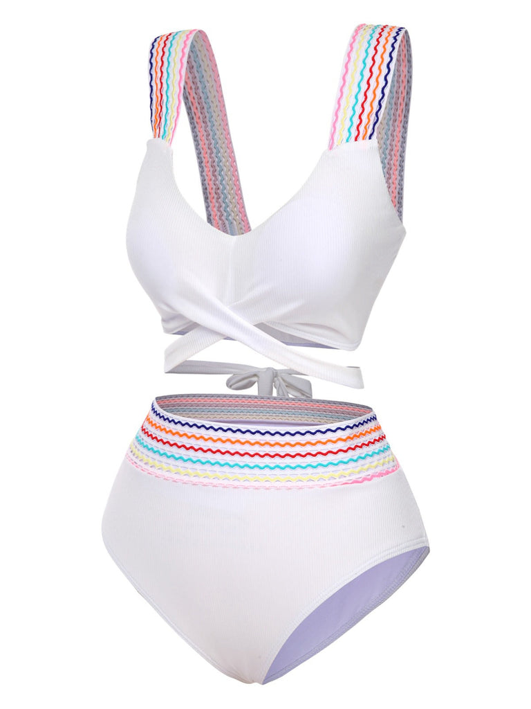 1940er Regenbogen Schnürung Patchwork Gurt Bikini Set