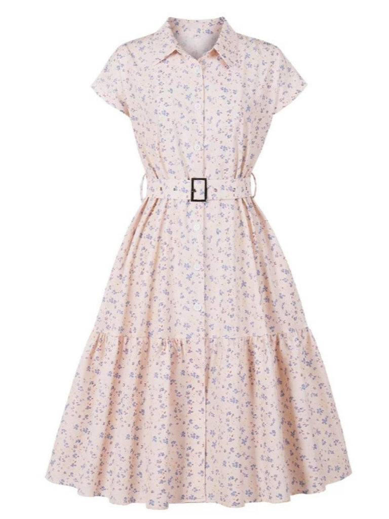 Blassrosa 1940er Blazer Kragen Blumen Gürtel Kleid