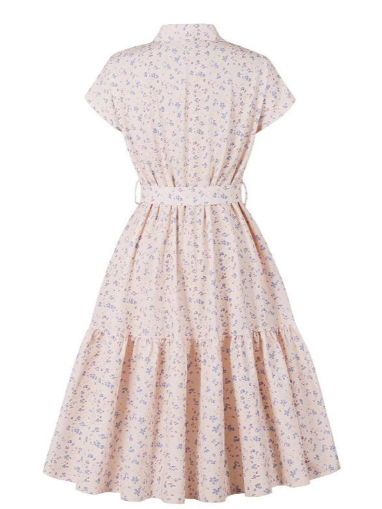 Blassrosa 1940er Blazer Kragen Blumen Gürtel Kleid