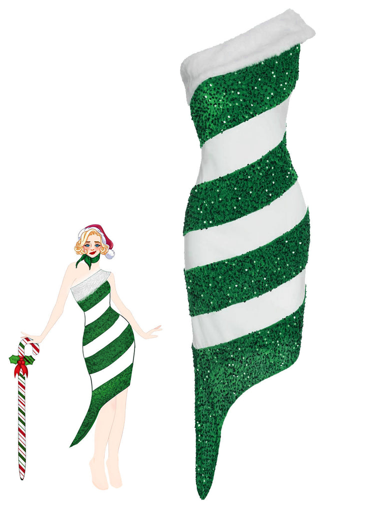 Grün 1960er Weihnachten Zuckerstange Off-Shoulder Kleid