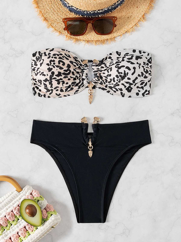 Schwarz 1970er Leopard Metall Taste Trägerlos Bikini Set