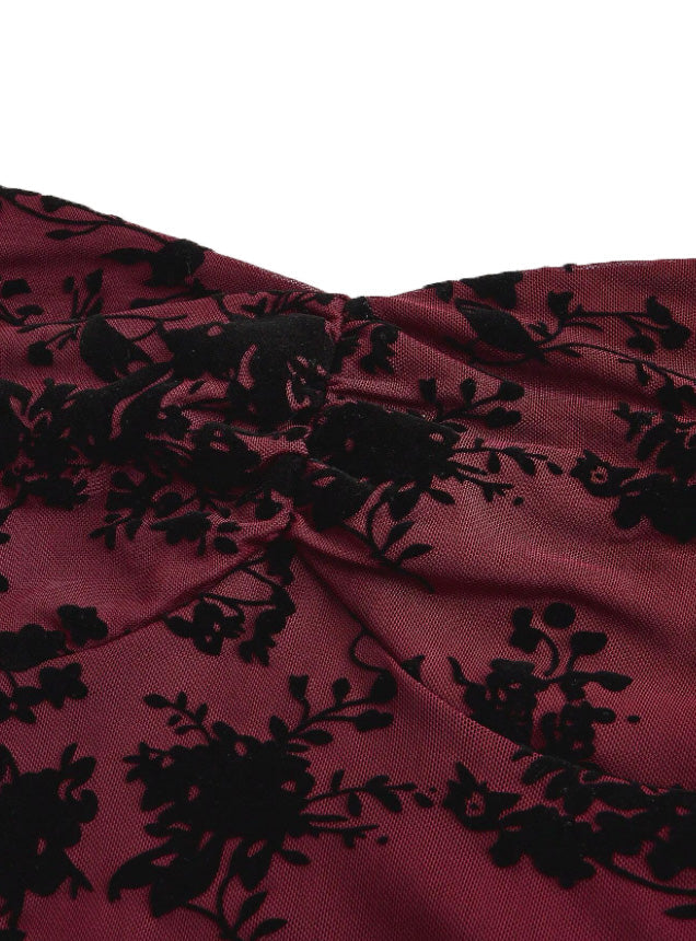 Schwarz 1950er Spitze Blumen Bischofsärmel Kleid