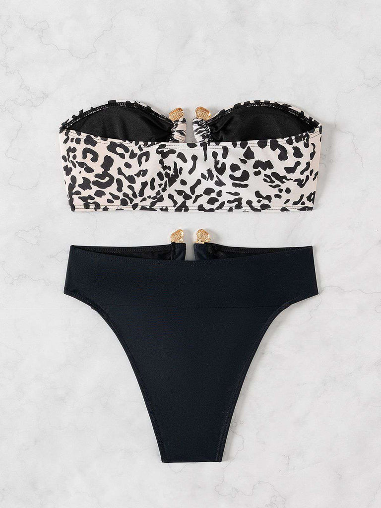 Schwarz 1970er Leopard Metall Taste Trägerlos Bikini Set
