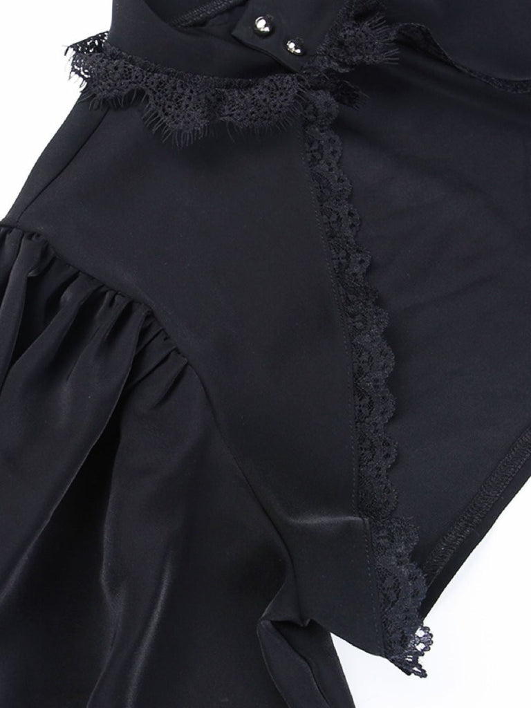 Schwarz 1980er Gothic Spitze Stehkragen Top