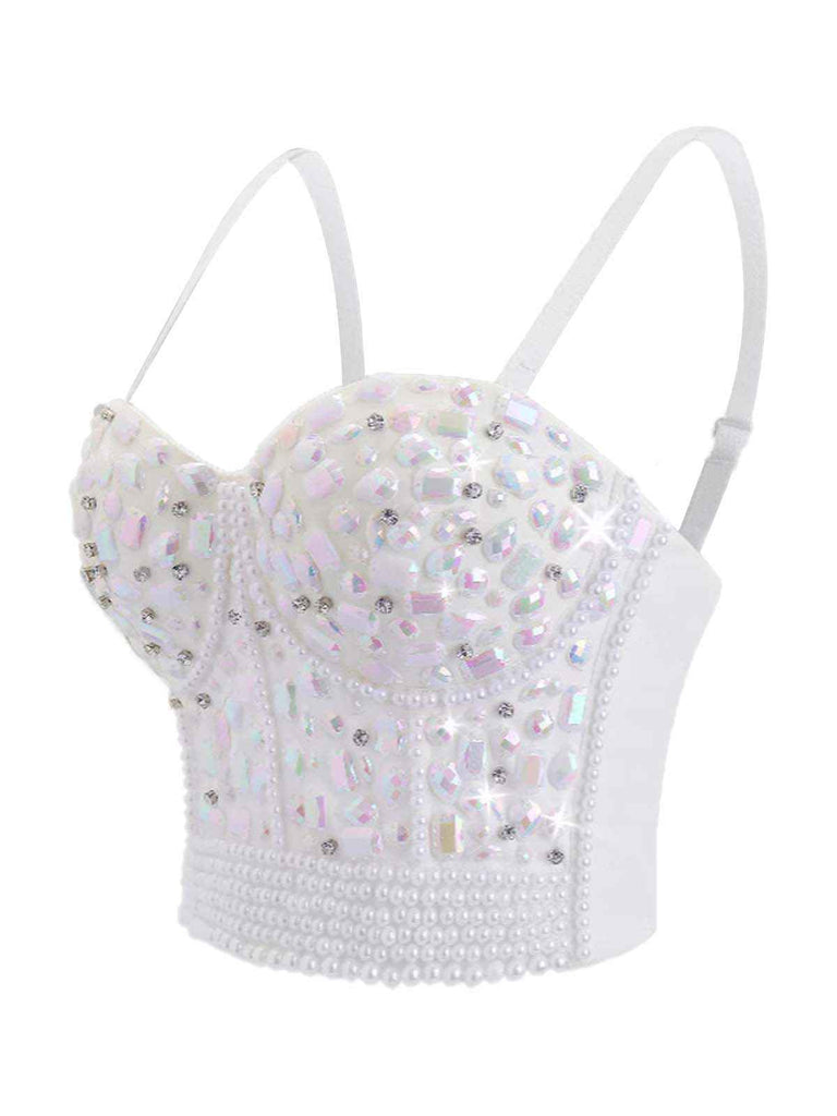 1970er Strassstein Perle Spaghetti Träger Korsett Top