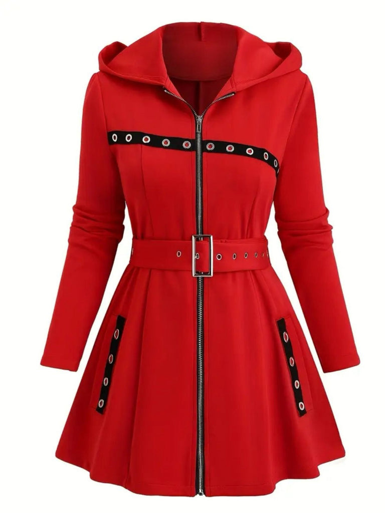 1960er Punk Hooded Zipper Gürtel Midi Jacke
