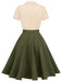 Khaki Grün 1950ER Patchwork V-Ausschnitt Kurzarm Swing Kleid