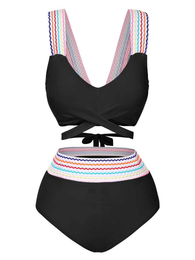 1940er Regenbogen Schnürung Patchwork Gurt Bikini Set