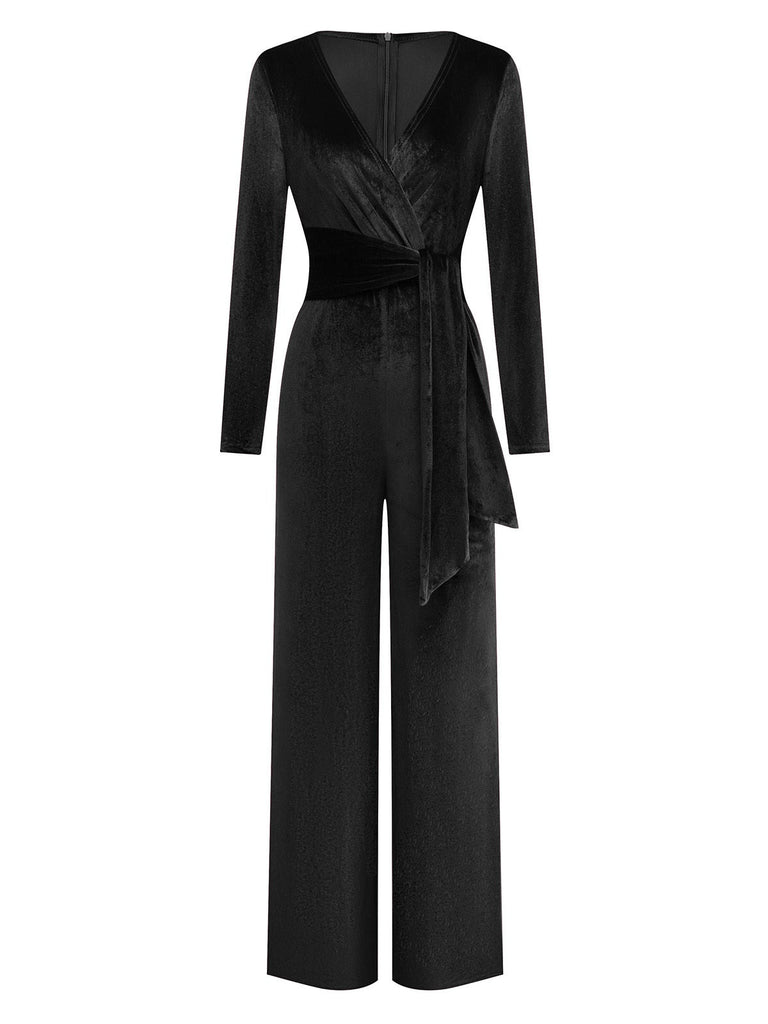 1970er Samt Tief V-Ausschnitt Langarm Jumpsuit