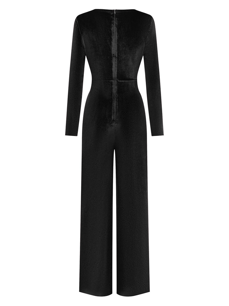 1970er Samt Tief V-Ausschnitt Langarm Jumpsuit
