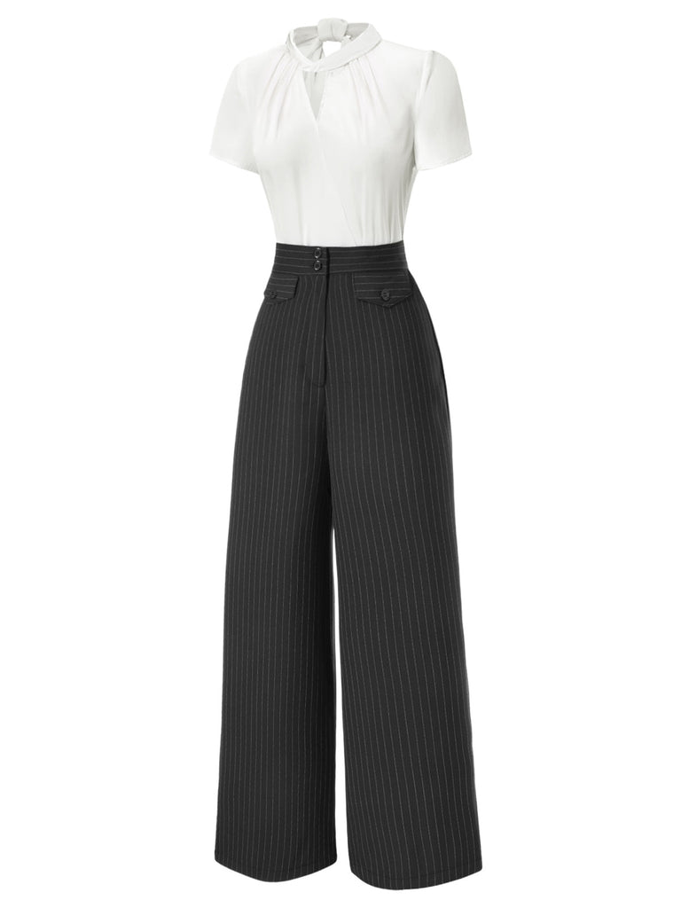 2PCS 1930er Weiß Satin Bluse & Grau Nadelstreifen Hosen