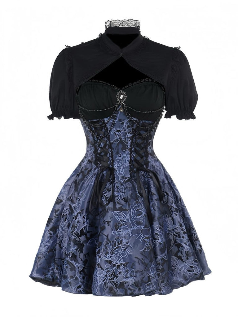 2PCS Schwarz & Blau 1980er Gothic Kap Strickjacke & Blumen Besticktes Kleid