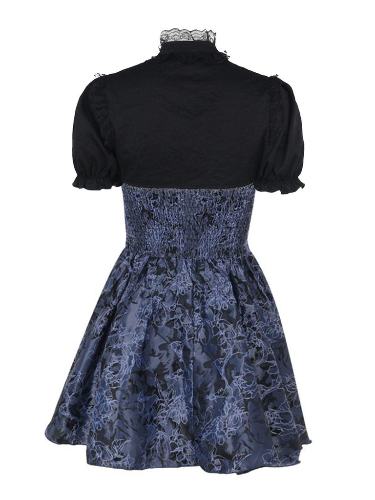 2PCS Schwarz & Blau 1980er Gothic Kap Strickjacke & Blumen Besticktes Kleid