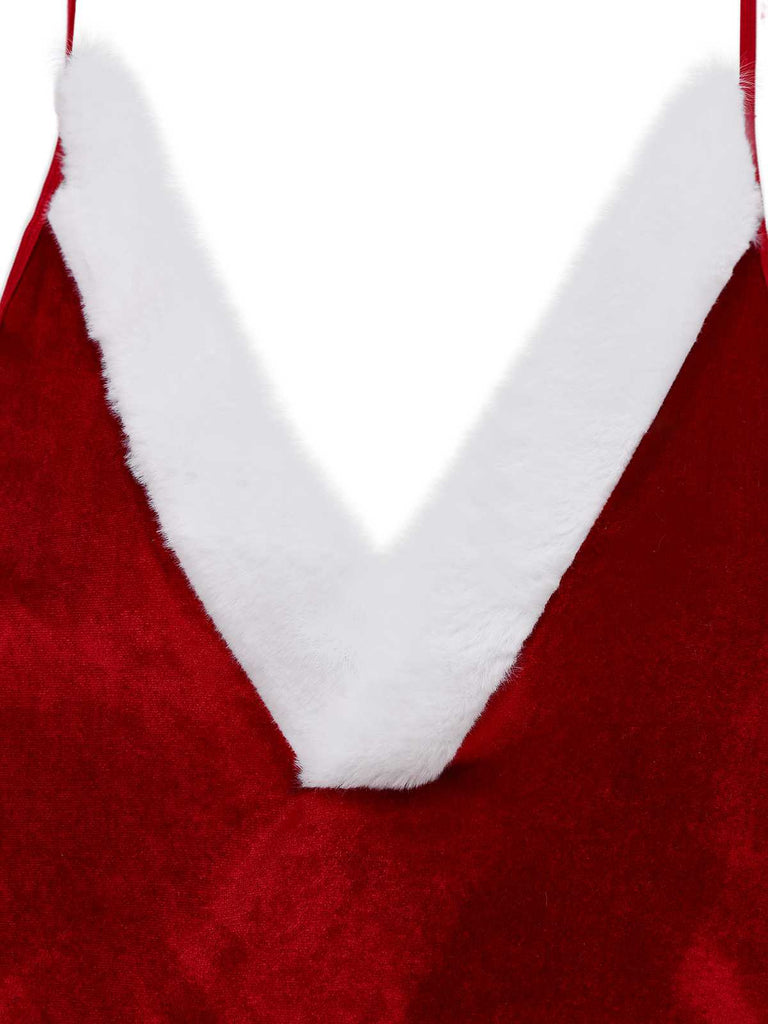 Rot 1970er Tief-V Weihnachten Plüsch Bodysuit Mit Hut