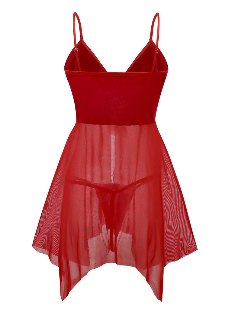 Rot 1970er Sheer Babydoll Unterwäsche Set Mit Pompon