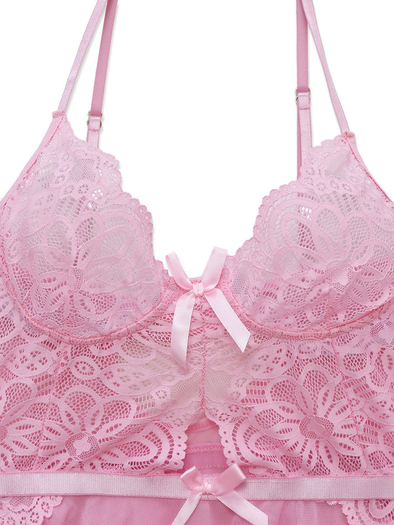 Rosa 1950er Spitze Spaghetti Träger Bogen Nachthemd