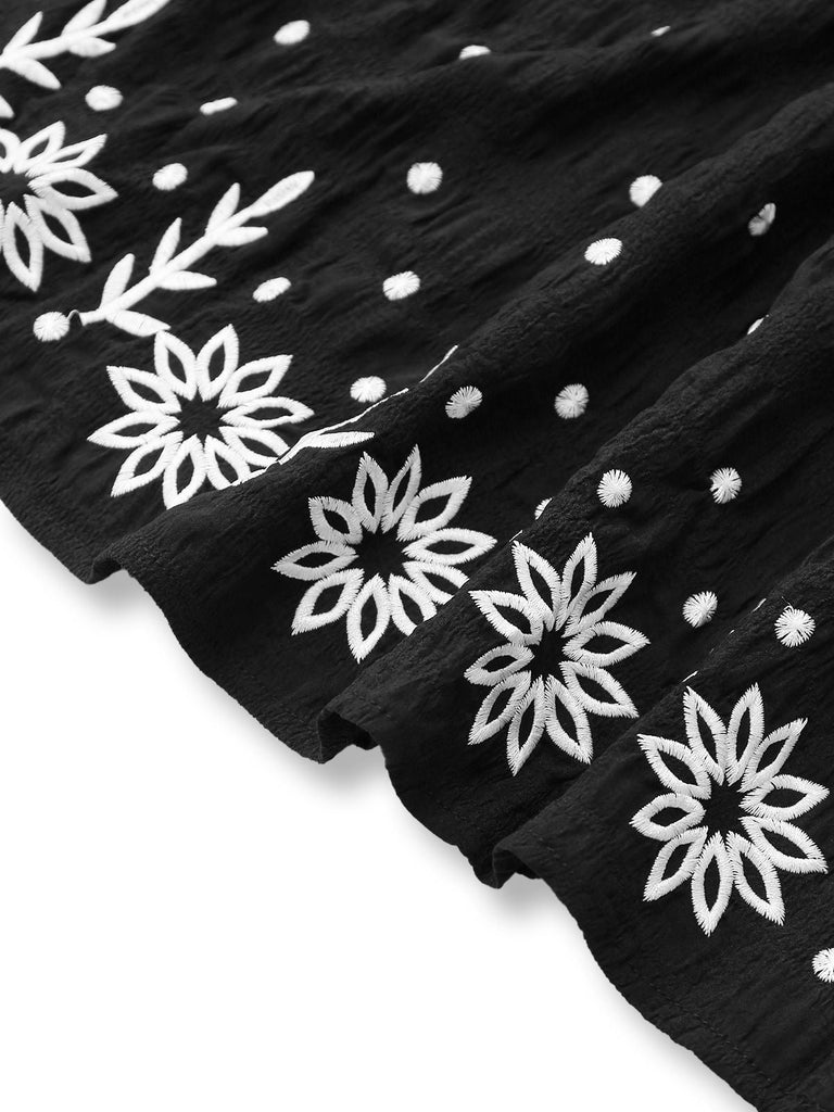 Schwarz 1970er Boho Besticktes Blumen Zurück-Bogen Kleid