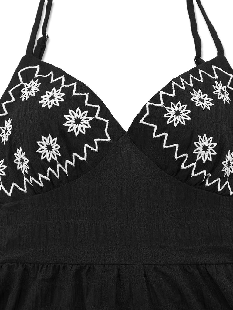 Schwarz 1970er Boho Besticktes Blumen Zurück-Bogen Kleid