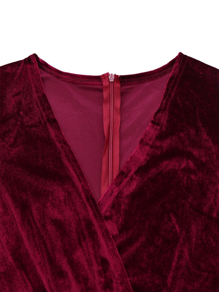 1970er Samt Tief V-Ausschnitt Langarm Jumpsuit