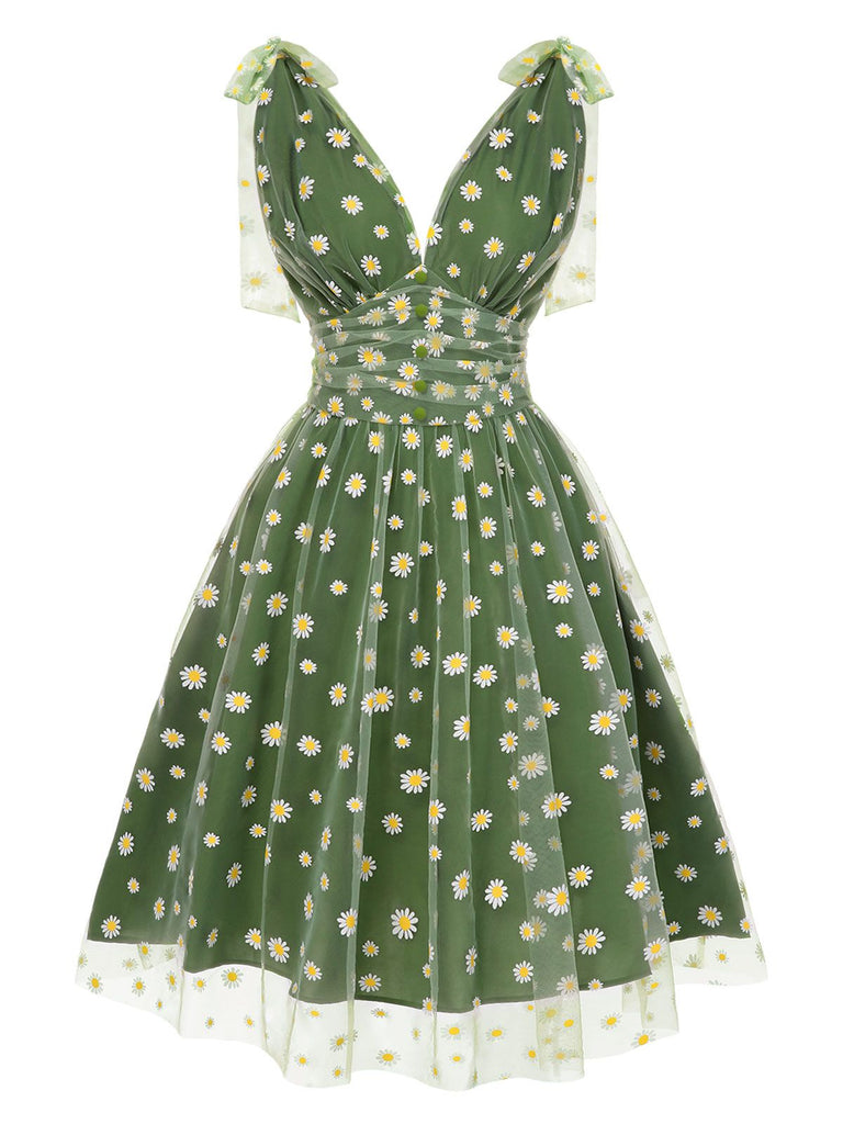 Grün 1950er Gänseblümchen Netz Swing Kleid