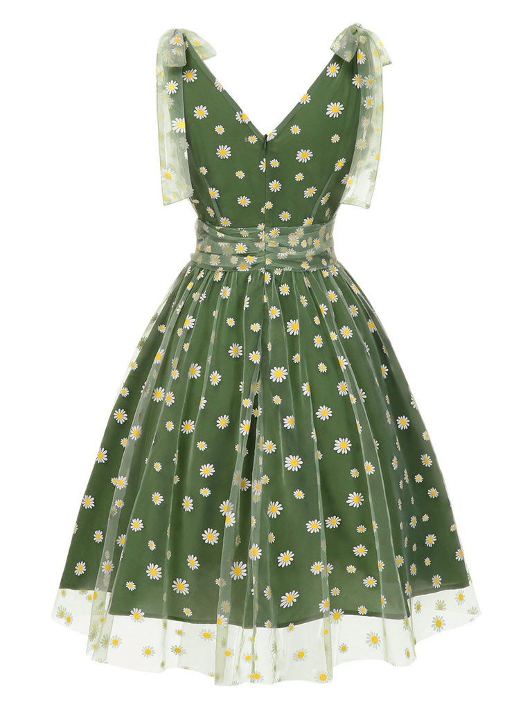 Grün 1950er Gänseblümchen Netz Swing Kleid