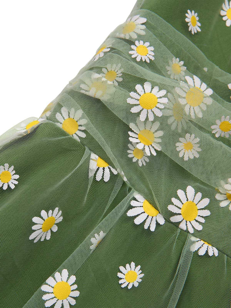 Grün 1950er Gänseblümchen Netz Swing Kleid