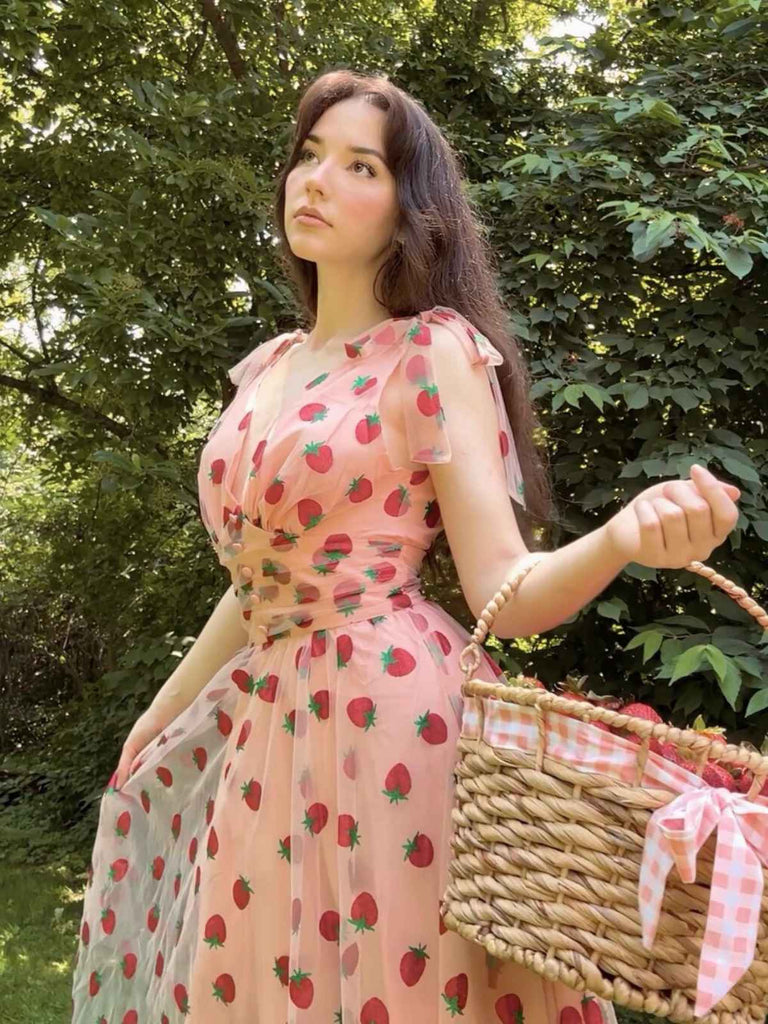 Rosa 1950er Erdbeer Netz Swing Kleid