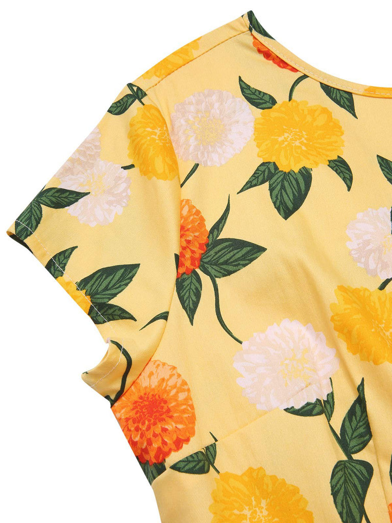 Gelb 1950er Hortensie Blumen Gerüschtes Kleid
