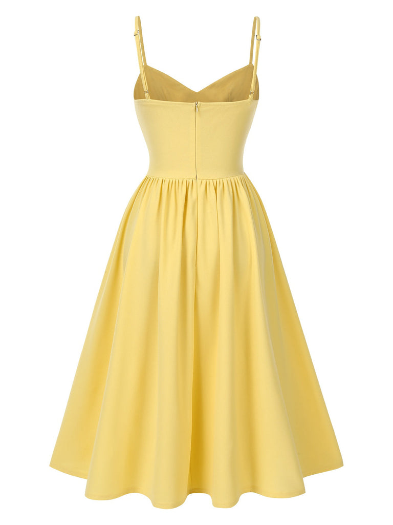 Gelb 1940er Solide Korset Spaghetti Träger Kleid
