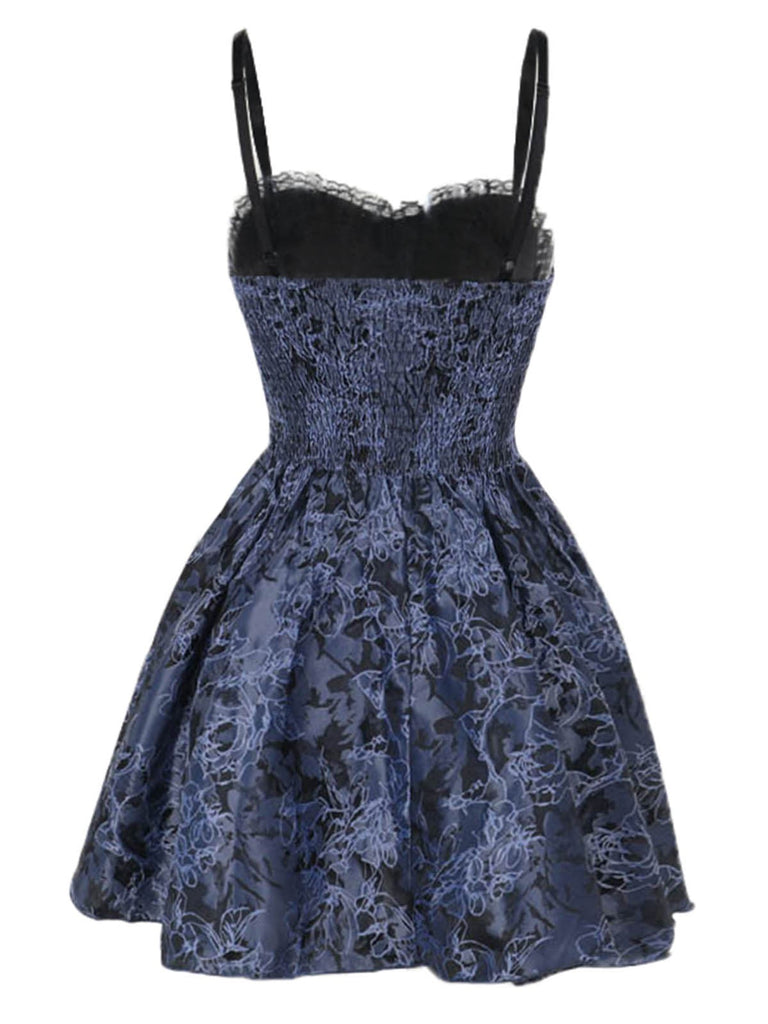 2PCS Schwarz & Blau 1980er Gothic Kap Strickjacke & Blumen Besticktes Kleid