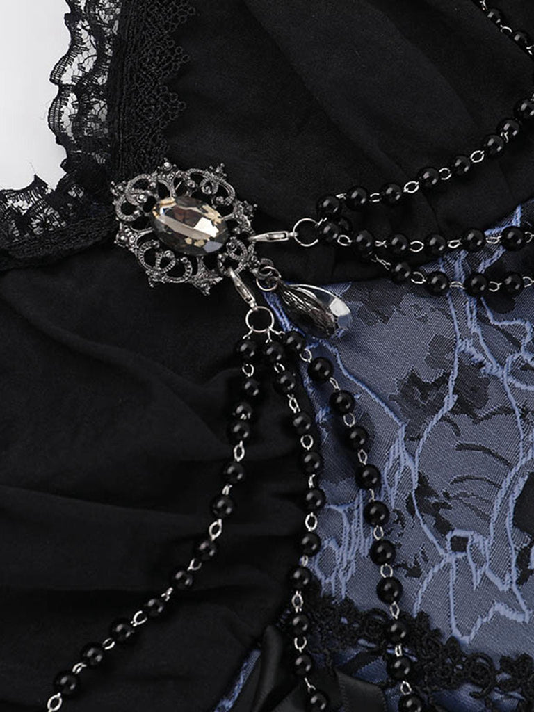 2PCS Schwarz & Blau 1980er Gothic Kap Strickjacke & Blumen Besticktes Kleid