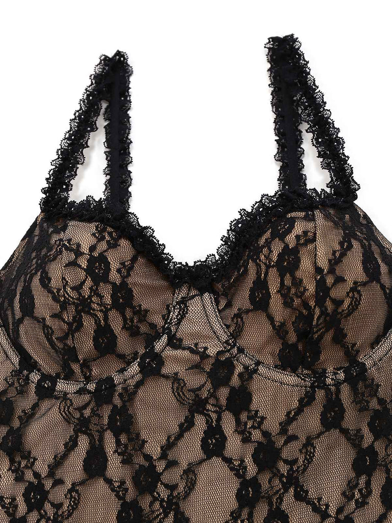 Khaki 1960er Spitze Patchwork Spaghetti Träger Enges Kleid