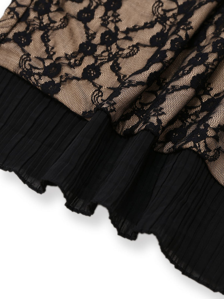 Khaki 1960er Spitze Patchwork Spaghetti Träger Enges Kleid