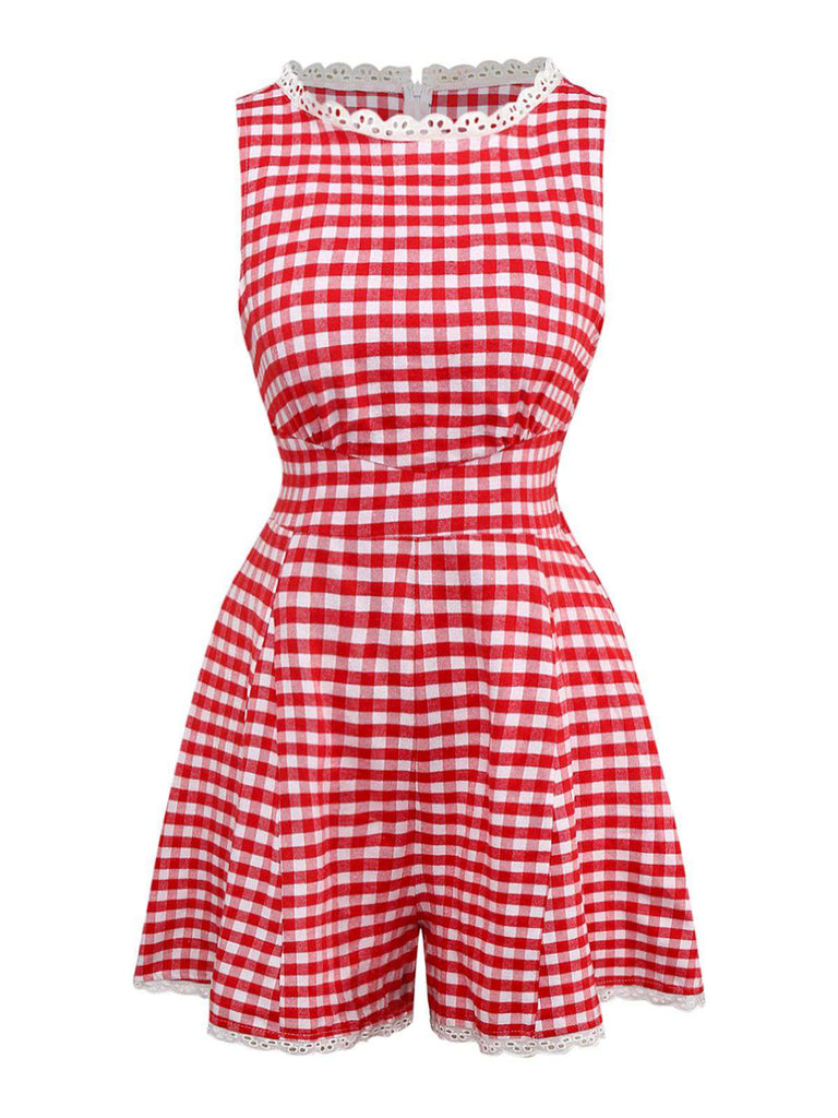 1950er Baumwolle Spitze Patchwork Gingham Plaid Romper