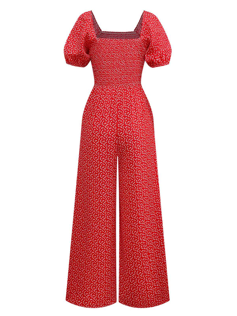 1950er Kleine Blumen Quadratischer Hals Puffärmel Jumpsuit