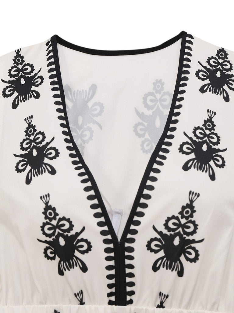 Weiß 1970er Tief V-Ausschnitt Boho Blumen Kleid
