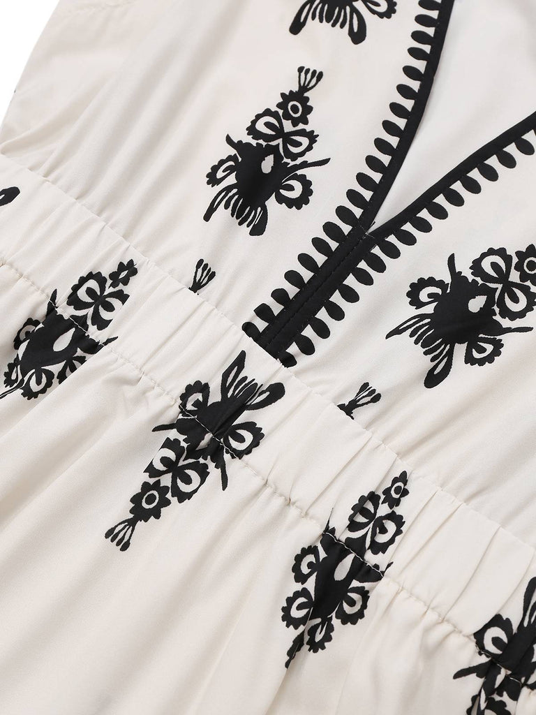 Weiß 1970er Tief V-Ausschnitt Boho Blumen Kleid