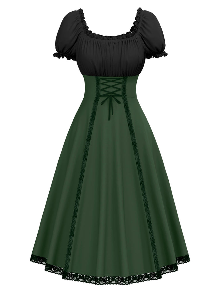 Grün 1940er Farbblock Schnürung Kleid