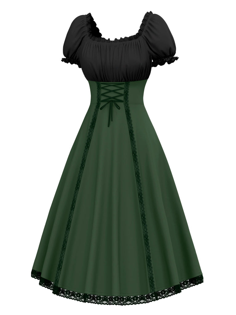 Grün 1940er Farbblock Schnürung Kleid