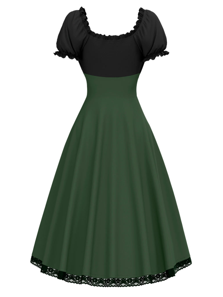 Grün 1940er Farbblock Schnürung Kleid