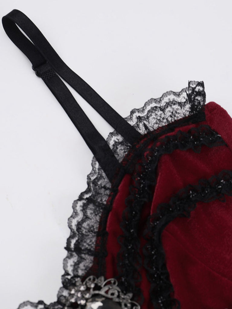 Burgunderrot 1950er Weihnachten Gothic Samt Kette Strassstein Kleid