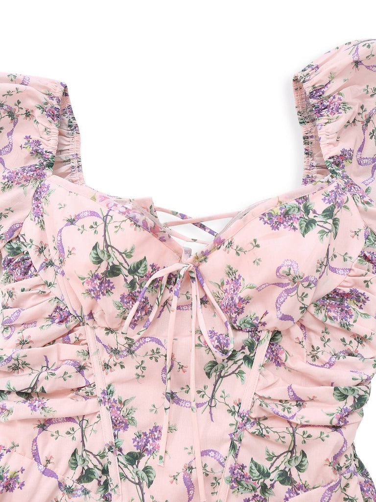 Rosa 1940er Lavendel Herzförmiger Hals Puffärmel Kleid