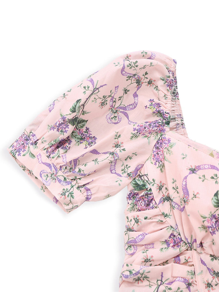 Rosa 1940er Lavendel Herzförmiger Hals Puffärmel Kleid