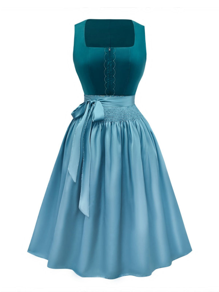 2PCS Blau 1950er Oktoberfest Flanell Blumen Kleid & Satin Schürze
